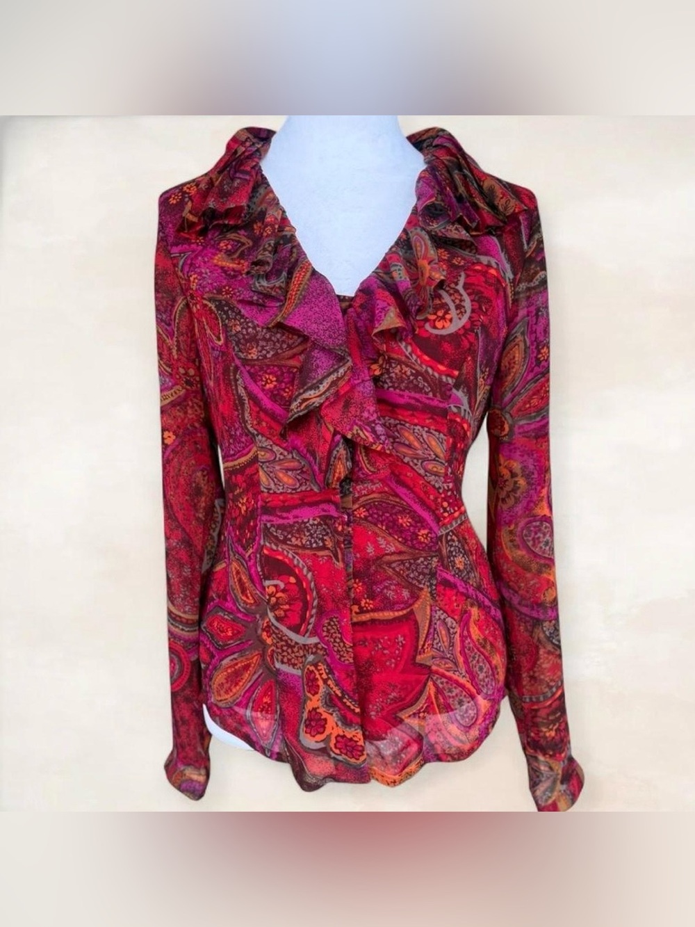 Coldwater Creek Ruffle Paisley Blouse Boho Romantic Top XS